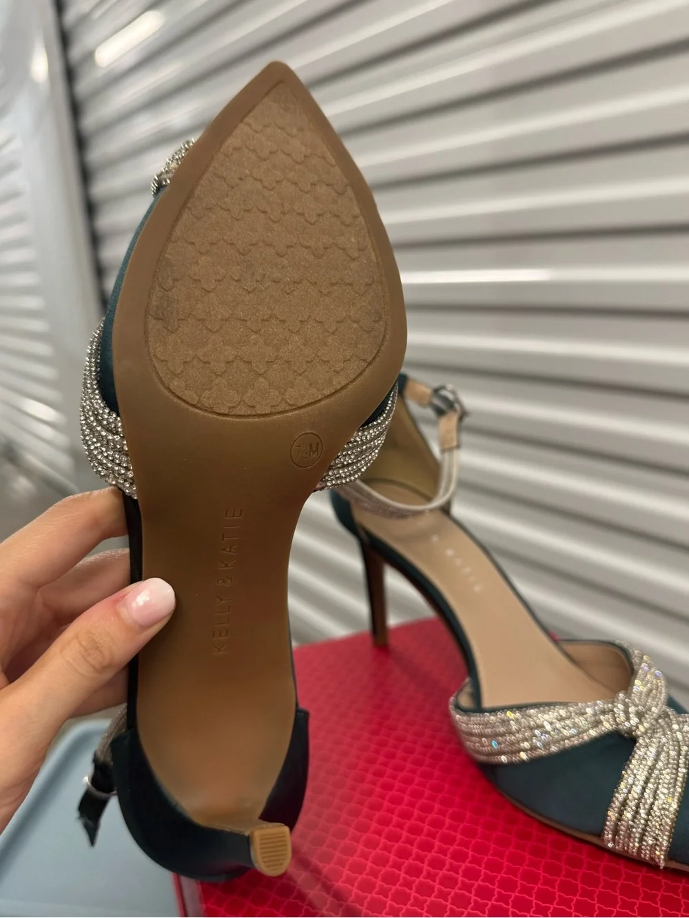 Like New Kelly & Katie Green/Blue satin heels with silver rhinestone bow detail